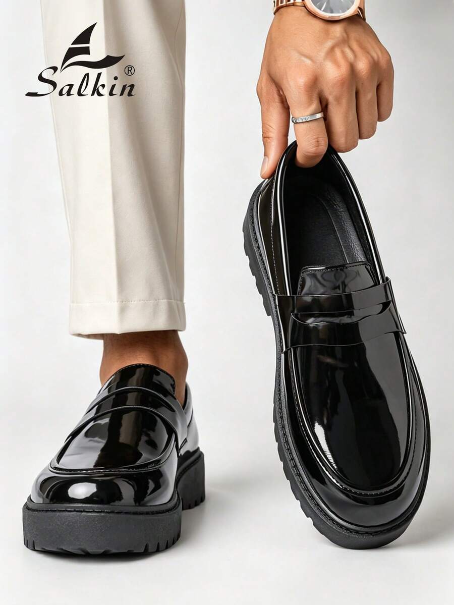 Salkin 新款時尚設計師男士一腳蹬樂福鞋,優雅紳士社交鞋,正版品牌平價奢華現代生活款,純色柔軟舒適漆皮鞋面男士皮鞋,休閒日常鞋,返校學生大學風,厚底增高商務通勤正裝鞋,辦公室派對百搭婚禮新郎鞋,節日禮物,春夏秋季男鞋 - 黑色 - 查看 1