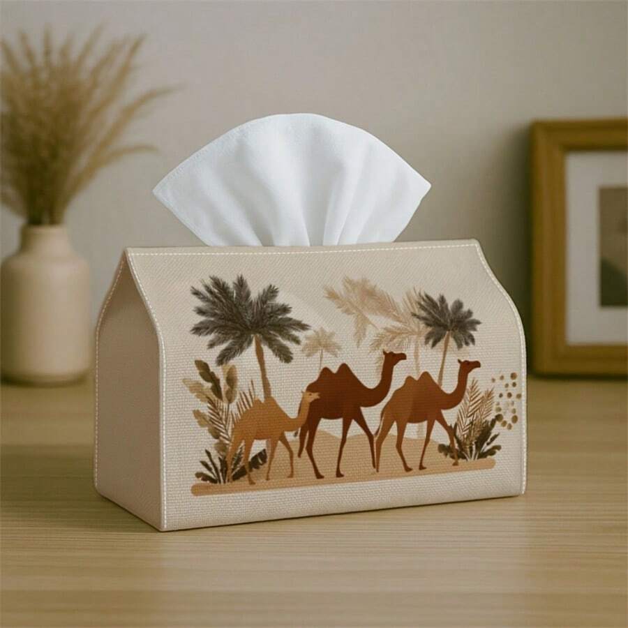 1pc Minimalist Style Tissue Box Cover, Featuring Desert Camel Silhouette Pattern. High Quality, Waterproof, Durable, Lightweight, Foldable, Ideal For Decorating Living Room, Dining Room, Kitchen, Bathroom