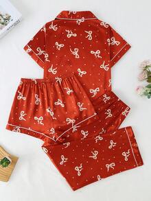 3 piezas Conjunto de bata y pijama de mujer con estampado de moño de seda sintética - Naranja Quemada - Ver 2