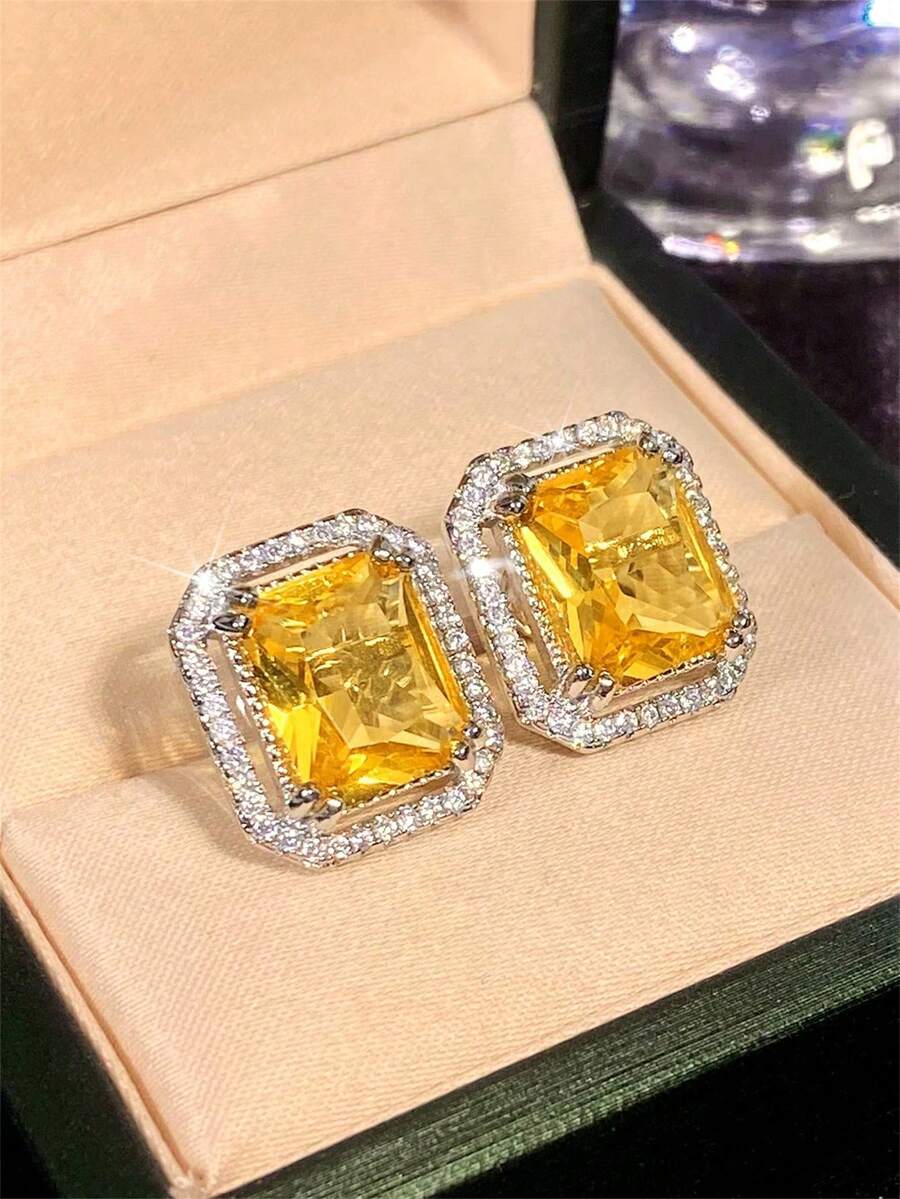 1對優雅黃色立方氧化鋯耳釘,適合女性,可用於婚禮、訂婚、週年紀念、派對、情人節及其他場合 - 銀色+黃色 - 查看 1