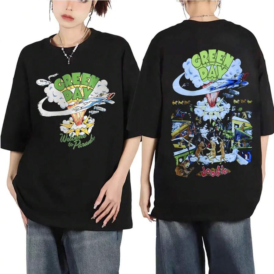 Punk-Rock-Band Green Day Dookie Grafik-T-Shirts für Männer und Frauen, Gothic Vintage Kurzarm-T-Shirt, Modische Lässige Oversized T-Shirts - X01130-Schwarz - Übersicht 1