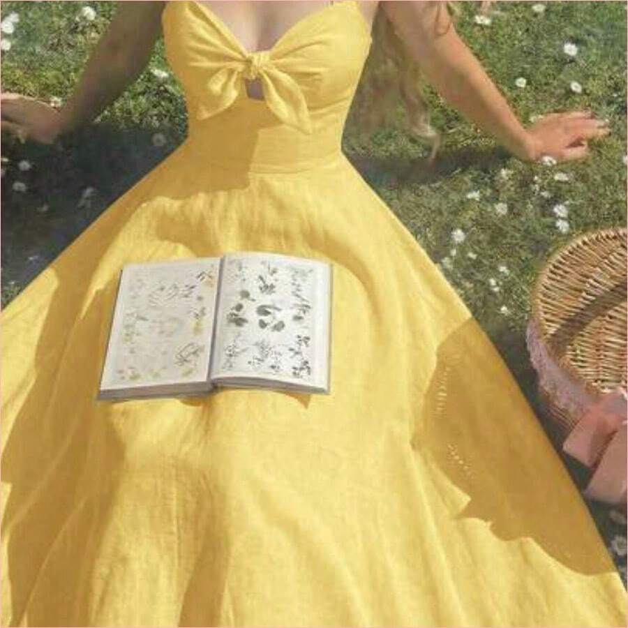 WNS MOD Vestido midi elegante de unicolor con cintura fruncida y anudada, adecuado para fiestas y eventos - Amarillo claro - Ver 1