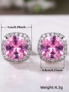 1 Pair Elegant Pink Cubic Zirconia Women's Stud Earrings, Suitable For Wedding, Engagement, Anniversary, Party Wear, Valentine's Day Gift - Silver+Pink - View 3