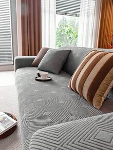 1pc Solid Color Plush Stretch Sofa Cover, Foam Rod Fixed Anti-Slip Pet-Friendly, Suitable For All Seasons Holiday Decor, Fit For Combination Sofa, Chaise Lounge, Straight Sofa - Dark Grey - View 6