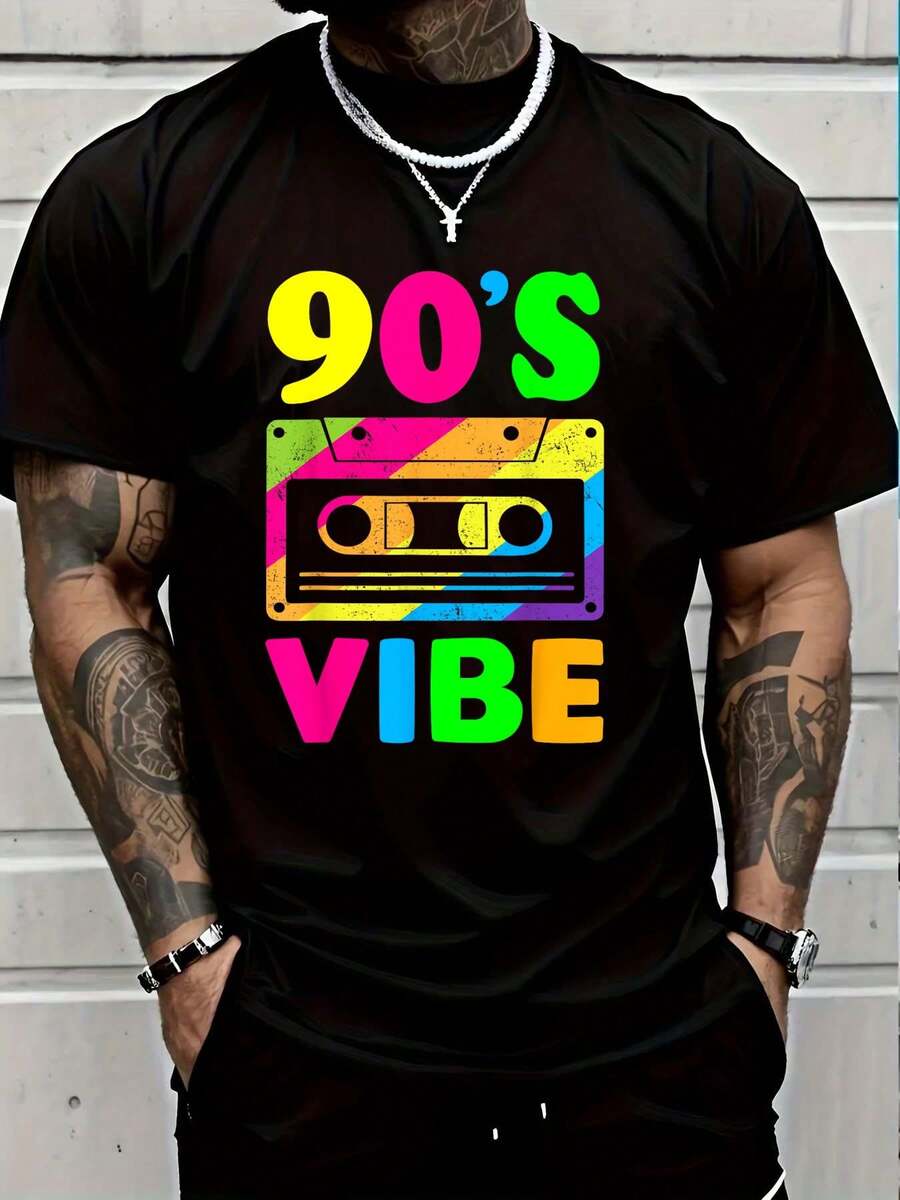 100% Cotton 90's Vibe Retro 1990s 90s Style Party Outfit Men Women T-Shirt Short Sleeve T-Shirt Women's Men's Causal Tops - 黑色11 - 查看 1