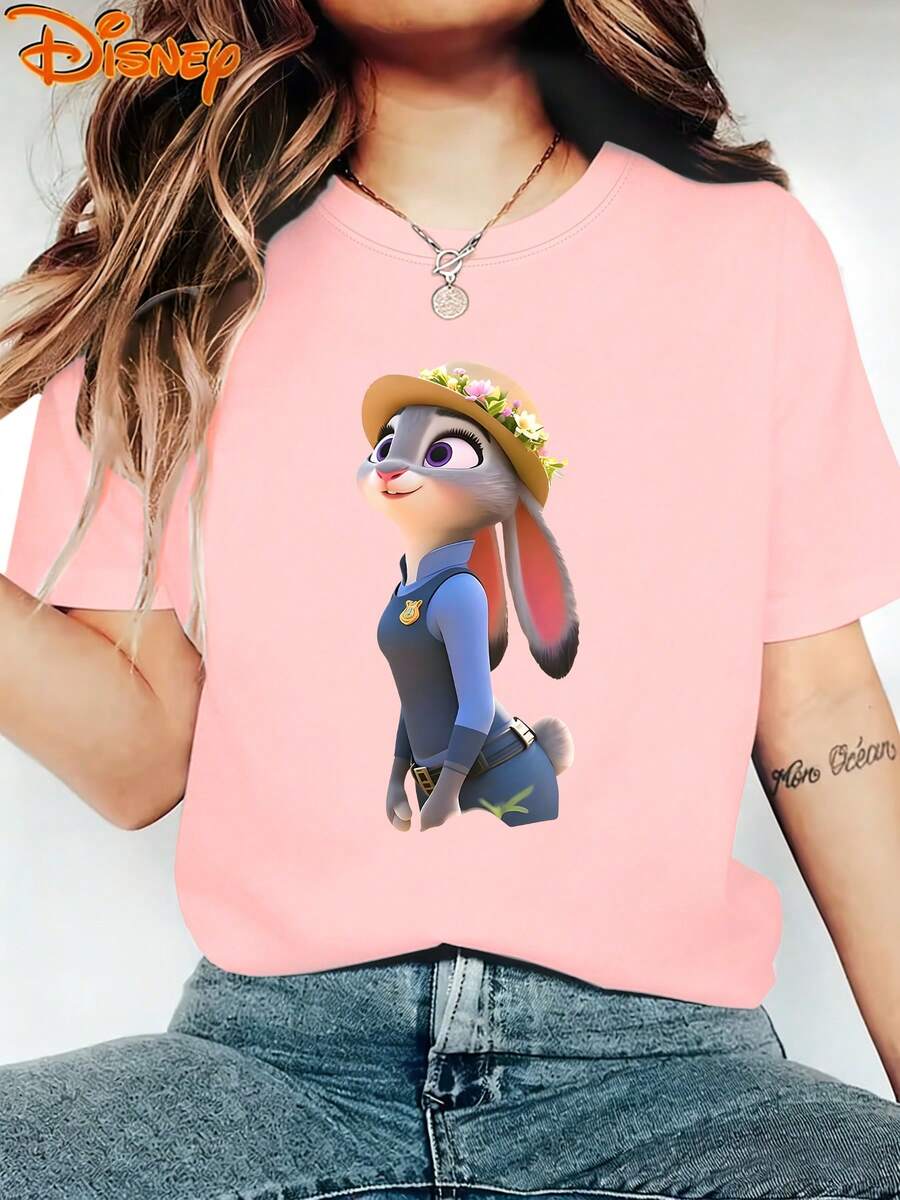 Breathable Cotton Disney Fan Tee | "Officer Judy Hopps" Floral Summer Hat Art Print | Whimsical Casual Short-Sleeve Top - Hồng - Xem 1