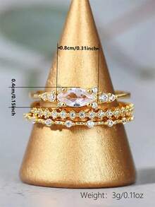 3pcs Set Luxurious Cubic Zirconia Stone Rings, Suitable For Women Wear, Ideal For Wedding, Engagement, Anniversary Party, Valentine's Day Gift - Yellow Gold - View 4