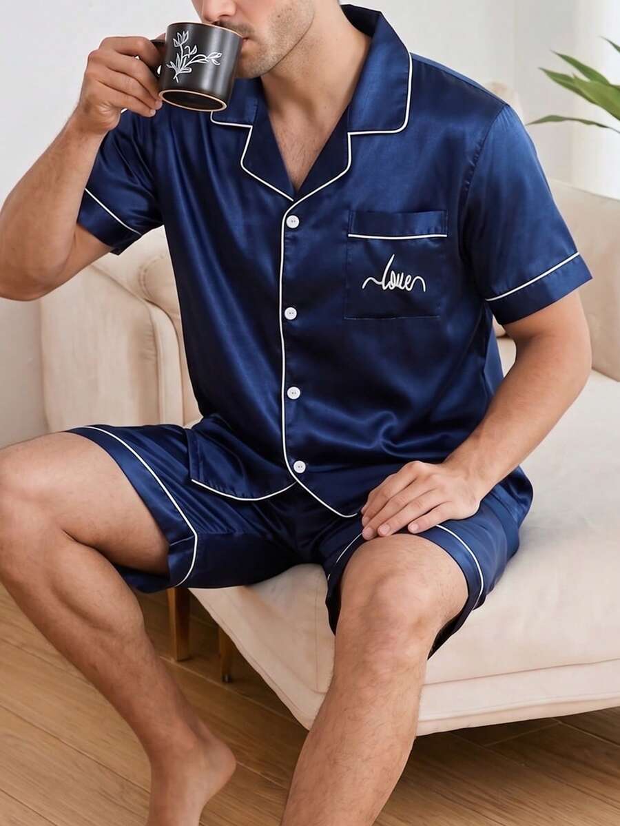 Men's Blue Solid Color Short Sleeve & Shorts 2-Piece Pajama Set, Satin Casual Comfortable Loungewear, Fashionable Lapel Home Wear Outfit - Blue - View 1