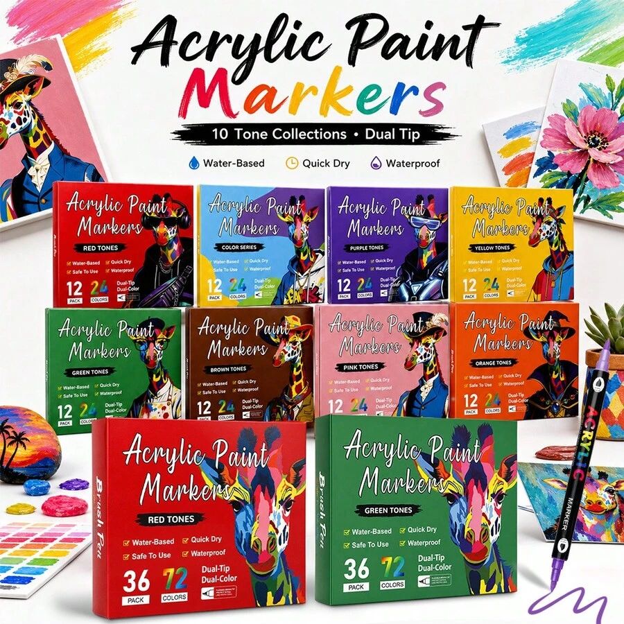 1pc 24/48/72/96/120/168/192/240 Colors Dual-Tip Dual-Color Marker Pen, Acrylic Paint Pen For Glass Painting, Layering Colors, Art Students & Professionals - Multicolor - View 1