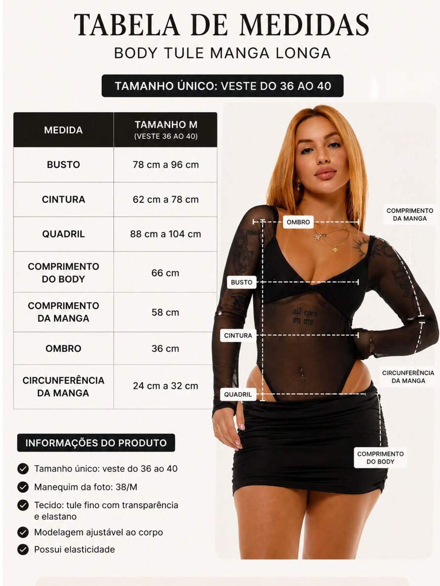Stylish Women's Bodysuit With A Design That Combines Sheer Fabric Across The Entire Front And Fitted Long Sleeves That Elegantly And Boldly Accentuate The Waist. It Features A Structured Bust Area, Creating A Sophisticated Contrast Between Transparency And Coverage, As Well As Low-Cut Side Panels That Flatter The Waist And Elongate The Silhouette. Delicate Sleeve Trim, With A Detail That Wraps Around The Thumb, Adds Attitude And Personality. Ideal For Christmas, New Year's Eve, New Year's 2026, The Beach, And Travel. Creates Modern Looks And Can Be Worn With Short Skirts, High-Waisted Pieces, Wide-Leg Trousers, Jeans, Or Layered Pieces That Enhance Its Striking Style. Versatile, Elegant, Chic, Sexy, Sensual, Luxurious, Perfect For Evening Events And Urban Looks, It's The Ideal Piece For Those Seeking A Modern, Sensual, And Impactful Outfit. - 黑色 - 查看 1