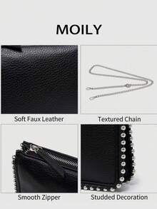 2025 New European And American Style Chain Small Square Bag, Fashion Rivet Pearl Decor, Versatile Shoulder Handbag - Black - View 9