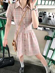 Vestido camisa con botones a cuadros, elegante de verano en color rosa - Rosa - Ver 10
