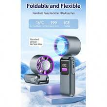 Ventilador portátil de mano con enfriamiento de hielo turbo, ventilador de viento de hielo recargable 2*1800mAh, 100 niveles de velocidad, cable Tipo-C incorporado, pantalla LED, plegable 135°, multiuso para escritorio, cuello, viajes, carga de teléfono de emergencia - Soporte de Mano - Ver 10