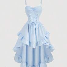 WNS  MOD Vestido vintage con cuello de corazón, cruzado en la cintura, con volantes en el borde y bajo asimétrico, unicolor, para graduación en blanco - Púrpura malva - Ver 1