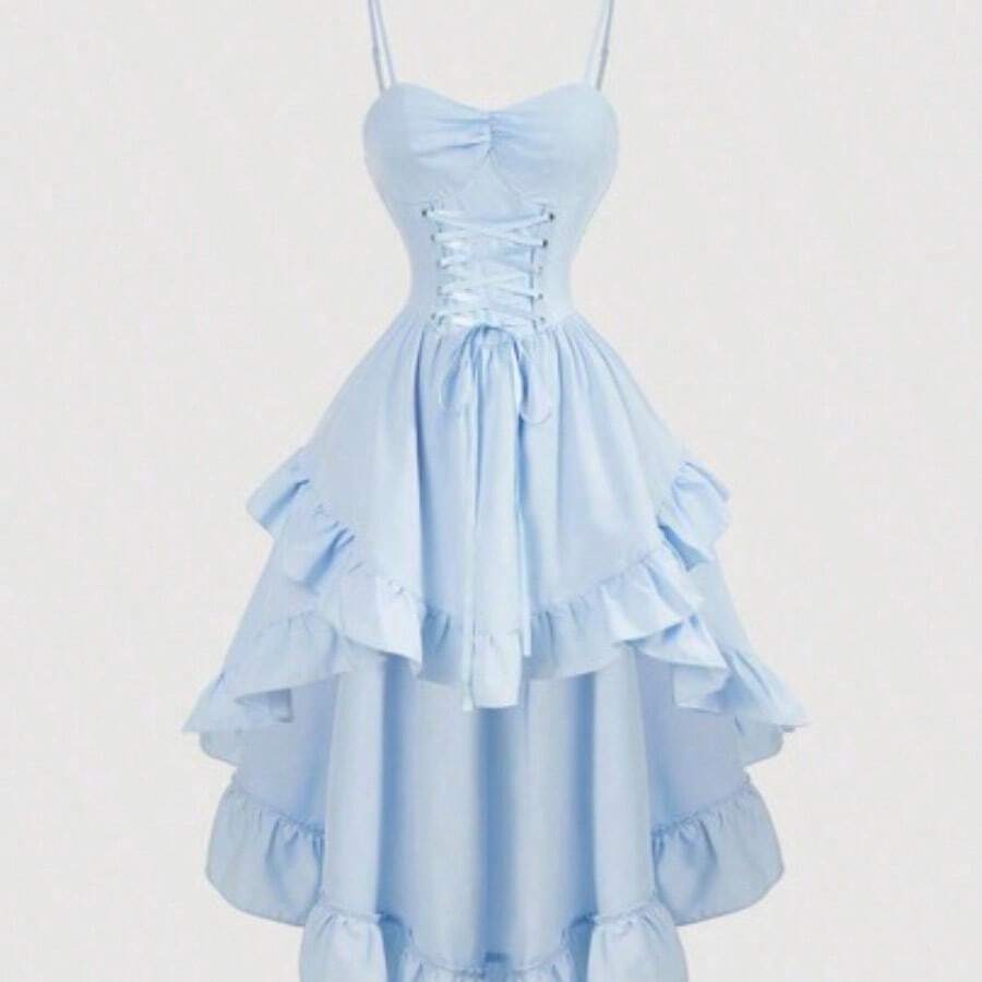 WNS  MOD Vestido vintage con cuello de corazón, cruzado en la cintura, con volantes en el borde y bajo asimétrico, unicolor, para graduación en blanco - Púrpura malva - Ver 1