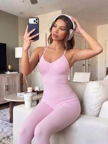 Women's Ribbed High Neck Yoga Jumpsuit, Front Ruched Design, Open Back, Butt Lifting Tummy Control Seamless Athletic Jumpsuit Summer Pink - Pink - View 5