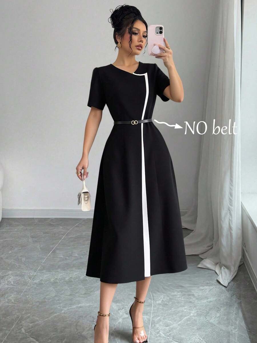 xheEMERY ROSE Vestido casual de cuello redondo de manga corta con contraste de color para ir a trabajarxhe - Negro - Ver 1