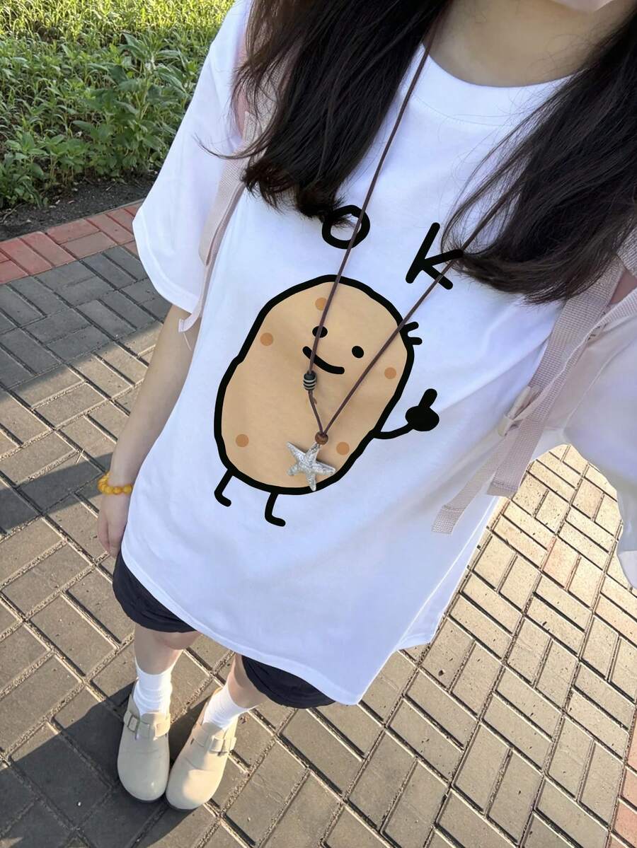 可愛卡通印花趣味女款夏季T恤,OK字母+微笑馬鈴薯圖案白色休閒款 - 白色 - 查看 1