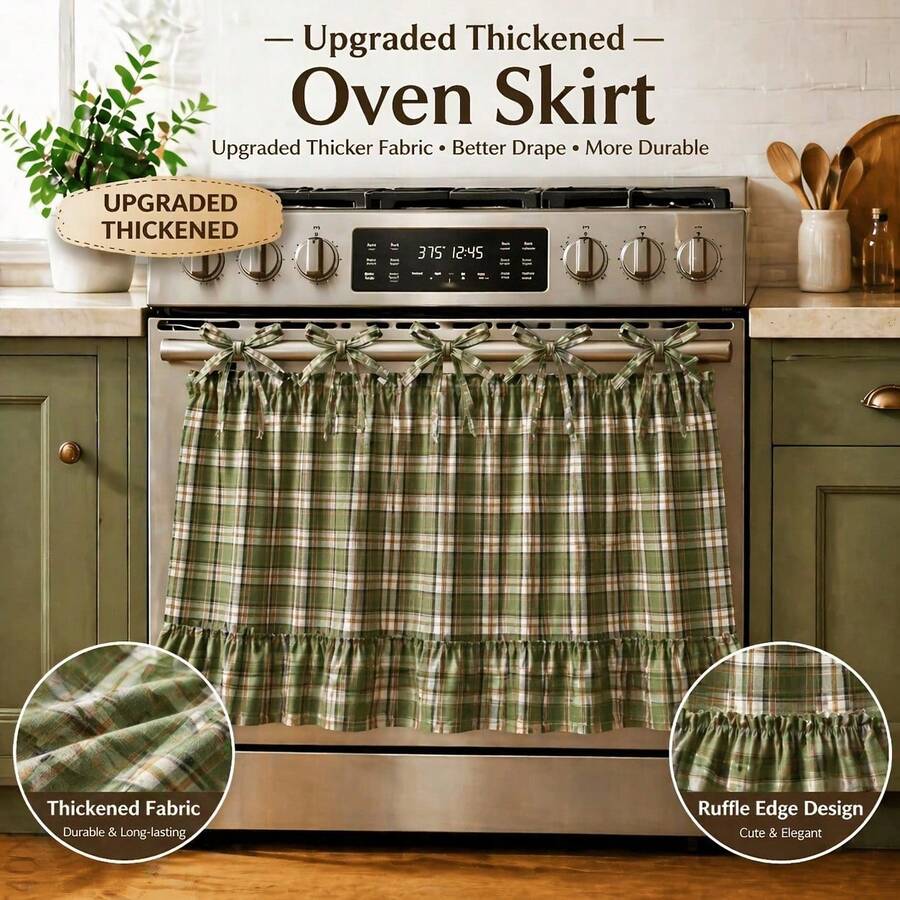 1pc Handmade Farmhouse Oven Skirt. This Heat-Resistant Curtain Features A Convenient Tie-Top Design For Effortless Installation On Ovens, Dishwashers, Or Washing Machines. Designed To Effectively Hide Clutter And Protect Your Kitchen, It Adds A Rustic, Stylish Touch To Your Home Decor. A Practical And Charming Accessory That Blends Functionality With Aesthetic Appeal, Perfect For Keeping Your Appliances Looking Neat And Tidy. - 綠色 - 查看 1