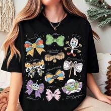 Disney Toy Story Bow Tee | "Forky Woody Jessie" Character Doodle Graphic Print T-Shirt, Cute Cartoon Bow Print Short Sleeve Top, 100% Cotton Aesthetic Kawaii Summer Outfit - màu đen - Xem 1