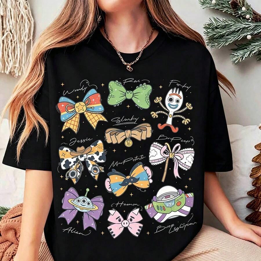 Disney Toy Story Bow Tee | "Forky Woody Jessie" Character Doodle Graphic Print T-Shirt, Cute Cartoon Bow Print Short Sleeve Top, 100% Cotton Aesthetic Kawaii Summer Outfit - màu đen - Xem 1