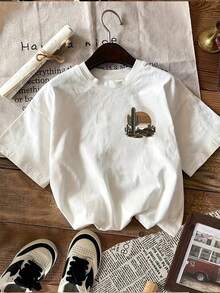 Tops,Vintage Style Desert Print Short-Sleeve Round-Neck Pure T-Shirt[Lang] - White - View 3