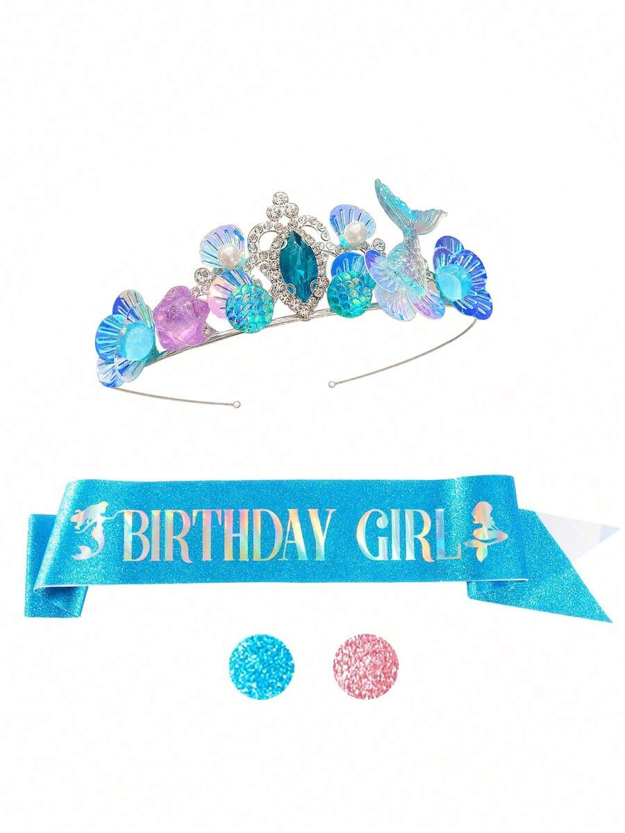 2件組美人魚主題生日女孩皇冠與肩帶套組,藍色閃亮公主皇冠配貝殼與魚尾,全息「生日女孩」肩帶,美人魚主題女孩裝扮配件,女孩生日派對用品,嬰兒淋浴、性別揭曉派對裝飾 - 彩色 - 查看 1