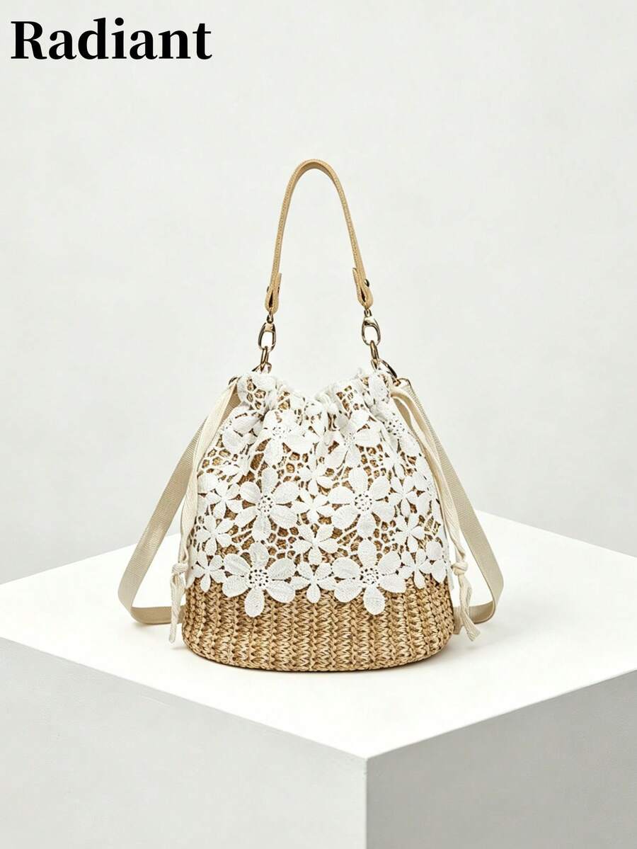 Lace Trim Straw Bucket Bag, Multifunctional Women's Crossbody Bag, Drawstring Design, Vacation Style, Suitable For Work Commute, Dating, Vacation