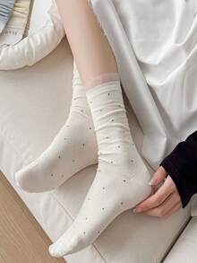 3 Pairs Random Women's French Sweet Style Black White Gray Solid Color Polka Dot Lace Splice Ribbed Mid-Calf Socks, Breathable Skin-Friendly Pure Minimalist Design Suitable For Daily Commute Outfit - Multicolor - View 8