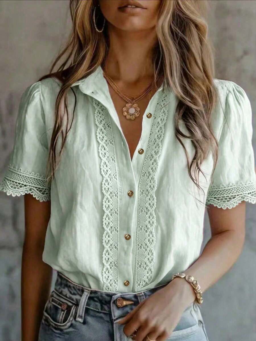 Elegant Women's Solid Color Embroidered Lace Patchwork Blouse, Versatile For Home, Daily Wear, All Seasons Summer - Light Green - View 1