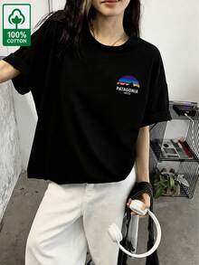 Domestic Shipping. New For Fall. Black Long-Sleeved T-Shirt For Women. Printed, Loose-Fitting, Korean-Style Top. Fall Clothing. Y2K Top. Korean Casual. Oversized. - Black - View 1