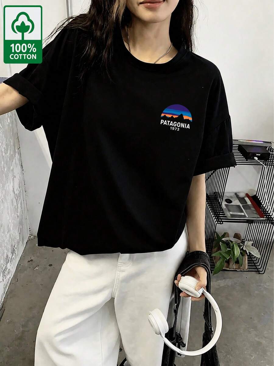 Domestic Shipping. New For Fall. Black Long-Sleeved T-Shirt For Women. Printed, Loose-Fitting, Korean-Style Top. Fall Clothing. Y2K Top. Korean Casual. Oversized. - Black - View 1