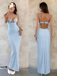 dfgAloruh Vestido de verano de mujer con tirantes finos y diseño calado, de unicolorafd BKAO - Celeste - Ver 1