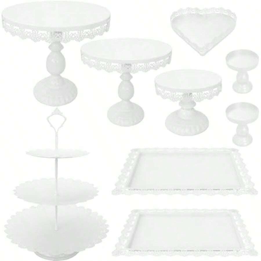 Cake Stand Set For Birthday Party Wedding Anniversary Shower Engagement: Metal Dert Display Tower With 9 Tiers In White Versatile Candy Fruit Cupcake And Cake Serving Tray - White - View 1