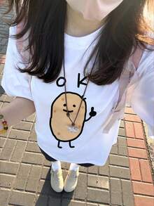 可愛卡通印花趣味女款夏季T恤，OK字母+微笑馬鈴薯圖案白色休閒款 - 白色 - 查看 3