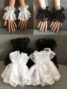 1 par de mangas cortas de encaje para mujer, adecuadas para bodas, fiestas, moda lolita, disfraces, viajes, festivales, guantes, campamentos - Negro - Ver 8