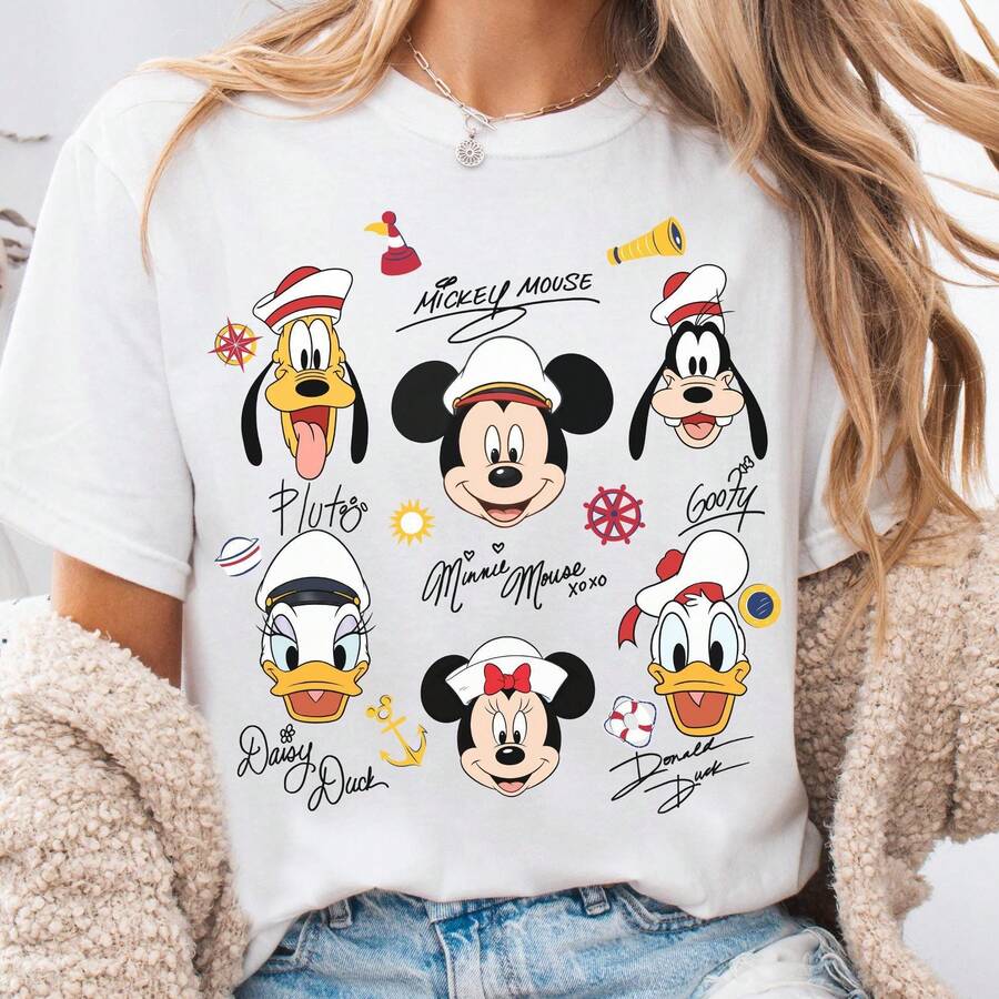 Disney Women's And Men's T-Shirts Cruise Line Mickey And Friends Characters Printed Oversized T-Shirts, 100% Cotton Retro Short-Sleeved Casual Shirts, And Graphic Printing T-Shirts For Disney Cruise Matching Outfits - trắng - Xem 1