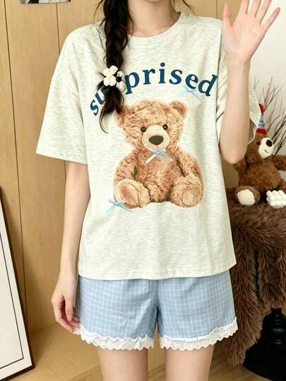 AICJ 2pcs Women Striped Cute Cat Dog Letter Print Pajama Set - Short Sleeve Crew Neck T-Shirt And Lace Trim Shorts, Knit Fabric, Loose Fit, Suitable For Spring/Summer, Casual Wear And Maternity