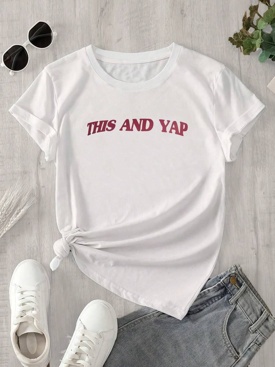 Camisa de mujer de manga corta y cuello redondo con estampado tipo papel pintado que incluye el nombre, adecuada para todas las estaciones. - Blanco - Ver 1