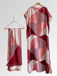 1 set jubah sutra imitasi motif geometris, penutup pantai wanita dengan syal, pakaian selendang pelindung matahari. - MultiWarna - View 1