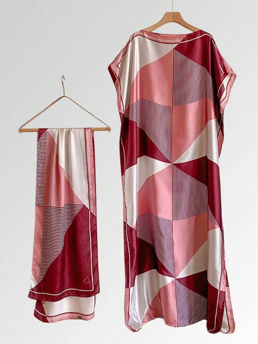 1 set jubah sutra imitasi motif geometris, penutup pantai wanita dengan syal, pakaian selendang pelindung matahari. - MultiWarna - View 1