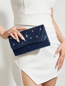 REMANLAND Glamorous Sparkling Rhinestone Decor Chain Bag, Magnetic Closure, Elegant Fashion Party Clutch, Suitable For Women's Birthday Party, Charming Evening Shoulder Bag - Navy Blue - View 9