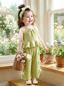 Baby Girls' Solid Color Spaghetti Strap Bowknot Ruffle Hem Top And Straight Leg Pants 2 Piece Outfit, Suitable For Daily Outings In Spring/Summer - Olive Green - View 4