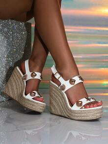 Women's Wedge High Heel Sandals, Gold Shell Buckle Decor Thick Sole Platform Ultra High Heel Sandals - White - View 2