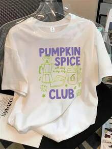 Camiseta de manga corta con cuello redondo y estampado del logo del club de calabaza y especias para mujer, ideal para todas las estaciones. - Blanco - Ver 1