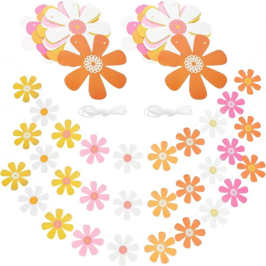 20pcs Bohemian Daisy Paper Garland - Colorful 60s & 70s Hippie Party Banner For Birthdays, Weddings, Youngsters Showers, And More - Vibrant Pink, Yellow, Blue, Orange, Purple, White Flowers With Green Stems - Perfect For Room Or Garden Decor, Daisy Party Decorations - 20pcs - View 1
