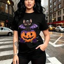 Camiseta de mujer con estampado de gato negro con alas de murciélago y calabaza iluminada - camiseta casual de manga corta, ajuste cómodo y fresco, estilo urbano y alternativo para el Día de Muertos - ideal para paseos por la ciudad, fiestas temática - Negro - Ver 11
