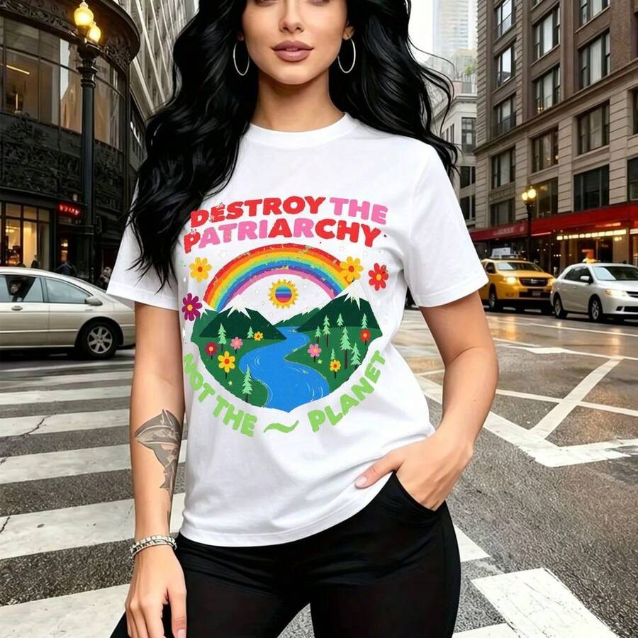 Camiseta de mujer con estampado feminista "DESTROY THE NOT THE PLANET" con arcoíris y globo terráqueo - camiseta casual de cuello redondo, ajuste cómodo y estilo urbano con mensaje de conciencia ambiental - ideal para Día de la Madre, cump - Blanco - Ver 1
