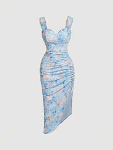MOD Vestido con estampado floral, plisado, dobladillo asimétrico y abertura, vestidos en tonos pastel para mujer - Azul - Ver 1