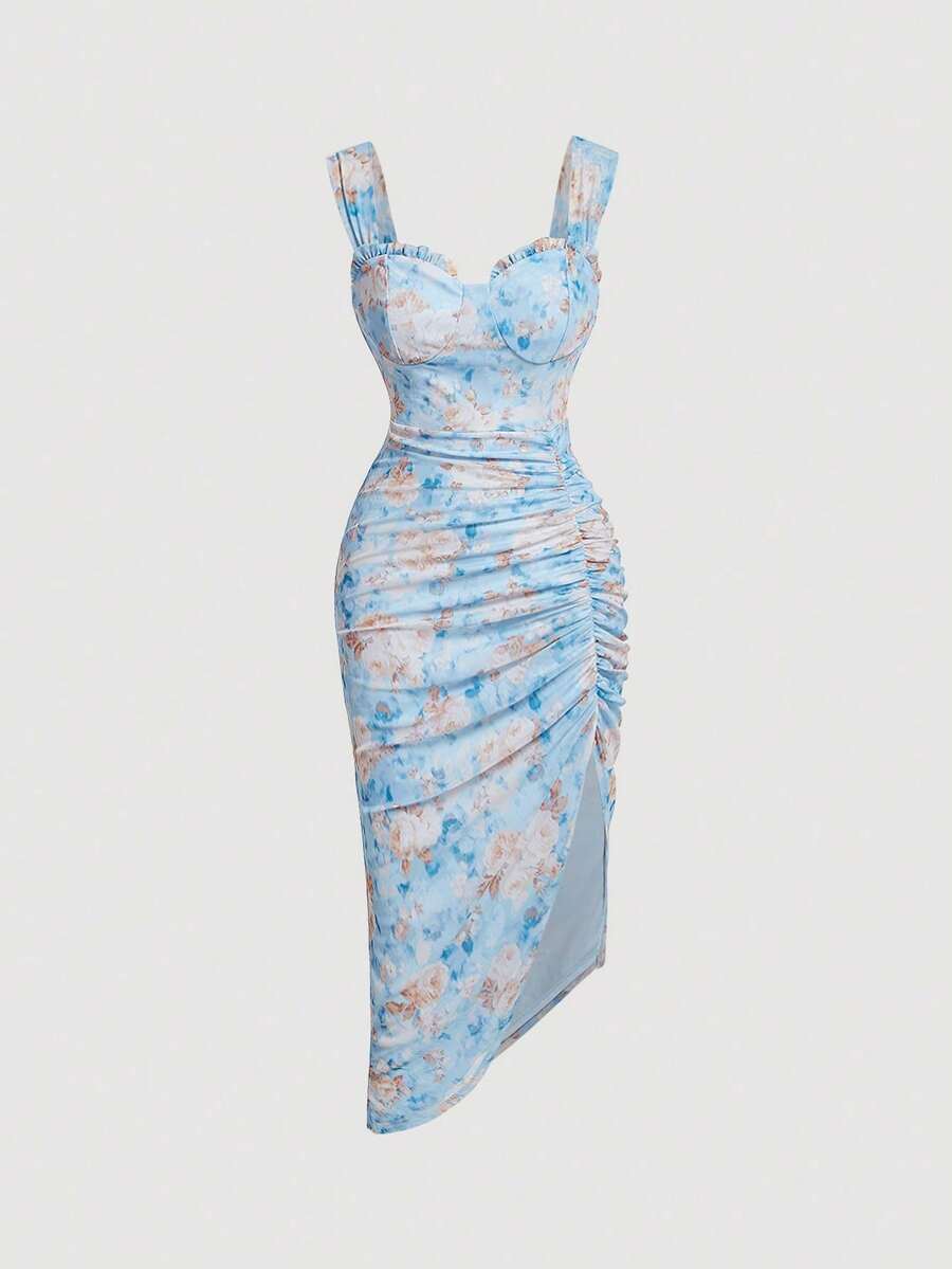 MOD Vestido con estampado floral, plisado, dobladillo asimétrico y abertura, vestidos en tonos pastel para mujer - Azul - Ver 1